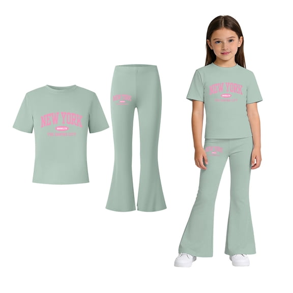 2 Piece Sets for Girls Short Sleeve Letter Print T-Shirt Top and Flared Pants Sets Girls Summer Clothes Kids Clothes Girls 7-8 Years