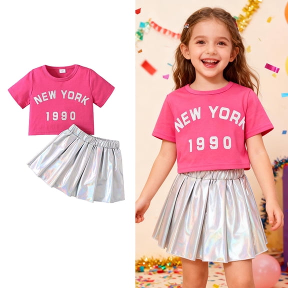 2 Piece Sets for Girls Short Sleeve Letter Print T-Shirt Top and Pleated Skirt Set Girls Spring Clothes Girls Outfits Size 3-4 Years