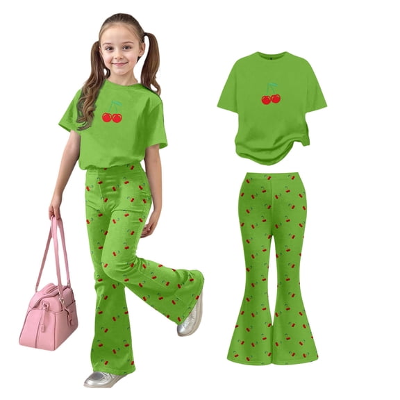2 Piece Sets for Girls Short Sleeve T-Shirt Top and Flared Pants Sets Summer Outfits 7-8 Years Girls Clothes