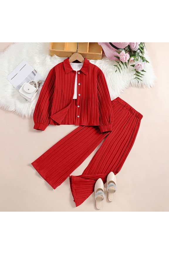 2 Piece Sets for Girls Size 8-12 Long Sleeve Shirts and Pants Outfits Toddlers Kids Solid Color Pleated Lightweight Loose Pant Suits Set