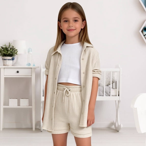 2 Piece Sets for Girls Summer Lounge Set Kids Oversized Button Down Short Sleeve Shirt Matching Shorts Vacation Outfits (Khaki, 7-8 Years)