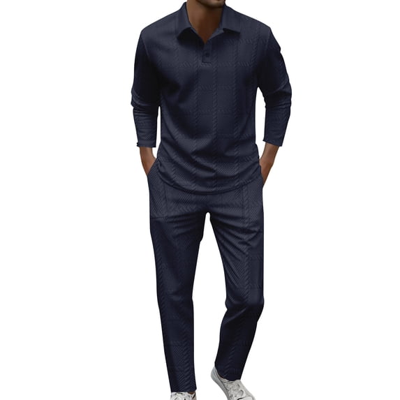 2 Piece Sets for Men Solid Collared Button Front Long Sleeve Shirt and Drawstring Pants Set Casual Two Piece Tracksuit