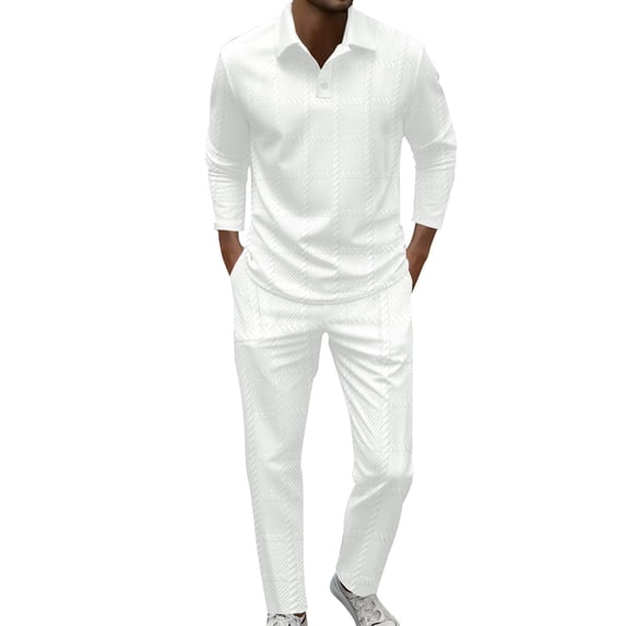 2 Piece Sets for Men Solid Collared Button Front Long Sleeve Shirt and Drawstring Pants Set Casual Two Piece Tracksuit