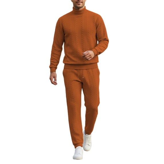 2 Piece Sets for Men Solid High Neck Jacquard Knit Long Sleeve Thermal Set Casual Two Piece Tracksuit