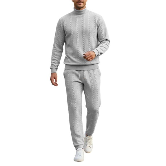 2 Piece Sets for Men Solid High Neck Jacquard Knit Long Sleeve Thermal Set Casual Two Piece Tracksuit