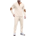 thumbnail image 1 of 2 Piece Sets for Men Solid Stand Collar Long Sleeve Shirt with Elbow Patch and Drawstring Pants Set Casual Two Piece Tracksuit, 1 of 5