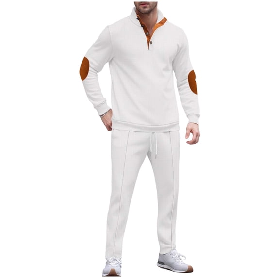 2 Piece Sets for Men Solid Stand Collar Long Sleeve Shirt with Elbow Patch and Drawstring Pants Set Casual Two Piece Tracksuit