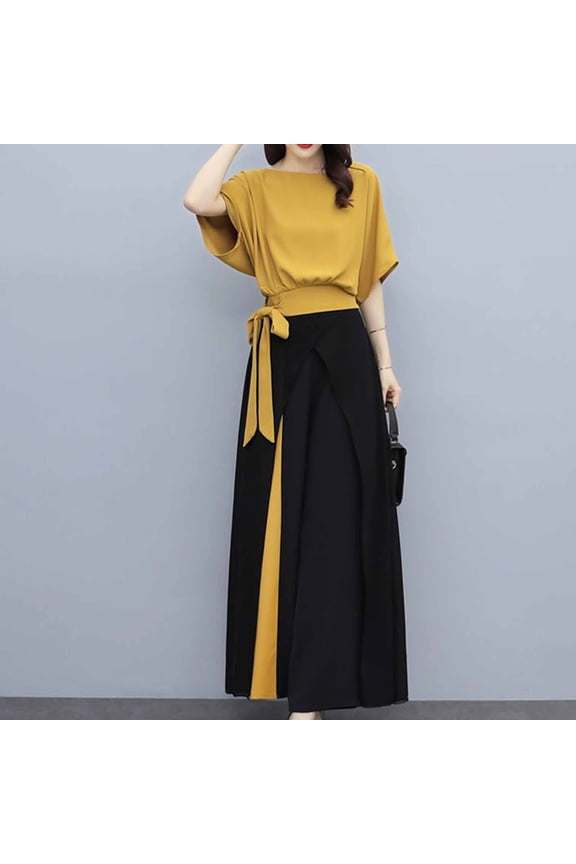 2 Piece Sets for Women 2 Piece Elegant Office Outfit for Women Batwing Sleeve Blouse Wide Leg Culottes Pants Set Yellow L
