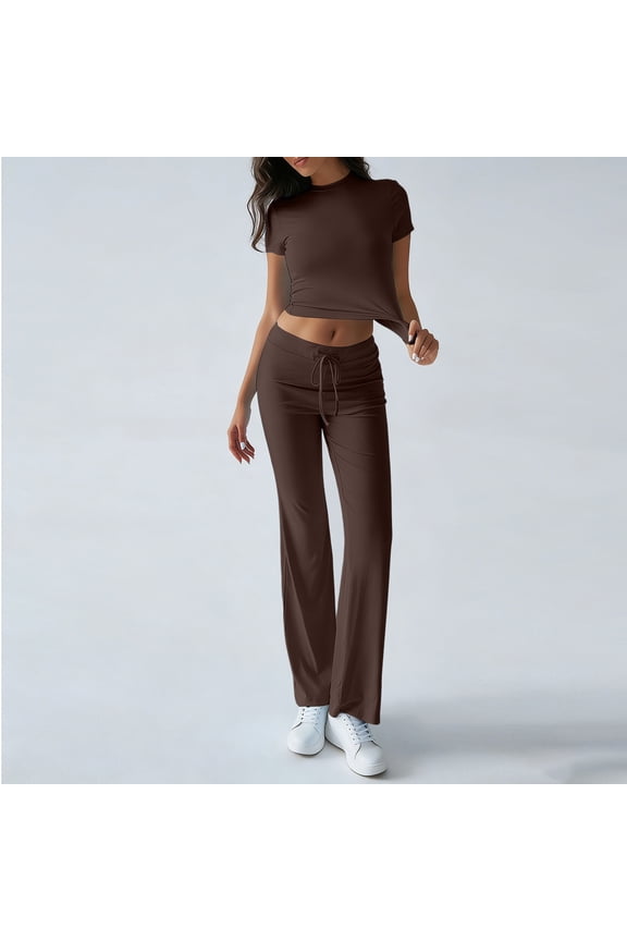 2 Piece Sets for Women 2026 Spring Short Sleeve Crop Tops Wide Leg Pants Matching Outfit Tracksuits Spring Clothes