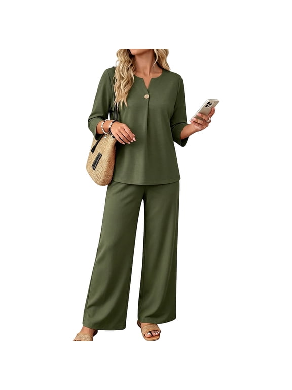 2 Piece Sets for Women 3/4 Sleeve V Neck Button Top Wide Leg Pant for Casual Daily Lounge Wear with Pockets