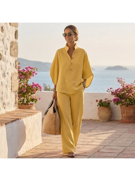 2 Piece Sets for Women Batwing Sleeve Linen Cotton Two Piece Set – Casual Shirt & Wide Leg Pants Outfit