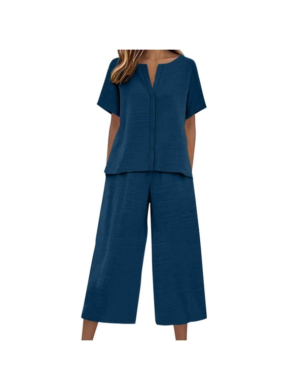 2 Piece Sets for Women,Capri Set Women 2 Piece Outfits V Notch Short Sleeve Button Down Shirts Summer Flowy Crop Wide Leg Pants Sets