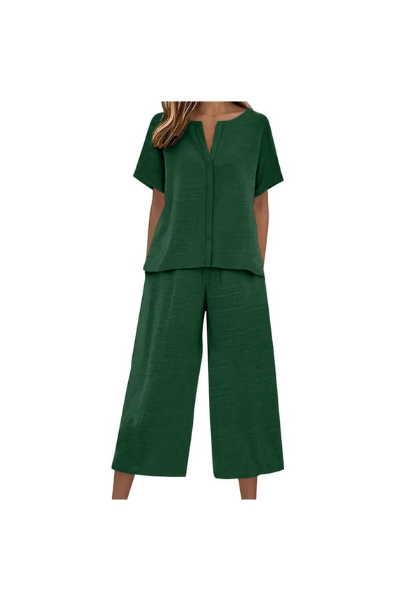 2 Piece Sets for Women,Capri Set Women 2 Piece Outfits V Notch Short Sleeve Button Down Shirts Summer Flowy Crop Wide Leg Pants Sets