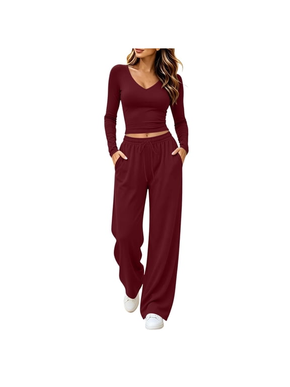 2 Piece Sets for Women Casual Active Long Sleeve Top Drawstring Elastic Waist Wide Leg Pants Winter Workout Sets Airport Lounge Outfit with Pockets