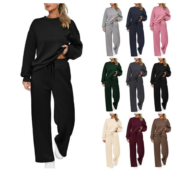 2 Piece Sets for Women Casual Outfits Long Sleeve Sweatshirt Wide Leg Sweatpant Sweatsuit Loungewear Set Tracksuit Black M