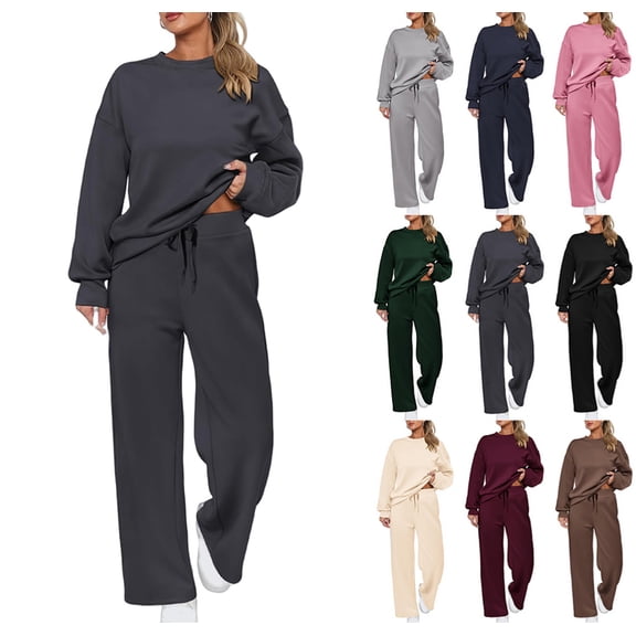 2 Piece Sets for Women Casual Outfits Long Sleeve Sweatshirt Wide Leg Sweatpant Sweatsuit Loungewear Set Tracksuit Dark Gray M