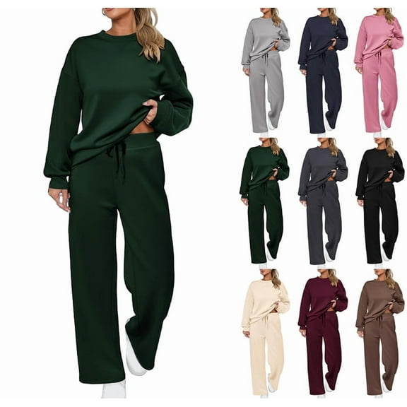 2 Piece Sets for Women Casual Outfits Long Sleeve Sweatshirt Wide Leg Sweatpant Sweatsuit Loungewear Set Tracksuit Dark Green XL