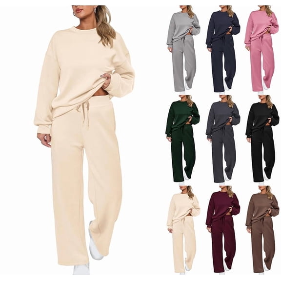 2 Piece Sets for Women Casual Outfits Long Sleeve Sweatshirt Wide Leg Sweatpant Sweatsuit Loungewear Set Tracksuit Khaki M