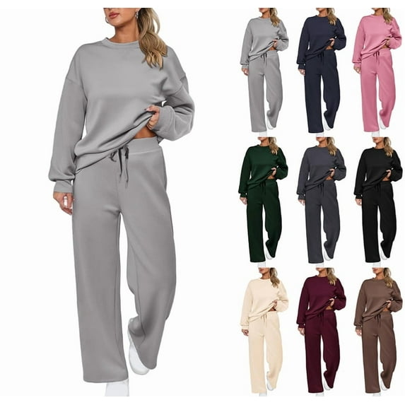 2 Piece Sets for Women Casual Outfits Long Sleeve Sweatshirt Wide Leg Sweatpant Sweatsuit Loungewear Set Tracksuit Light Gray XL