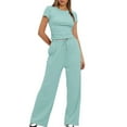 thumbnail image 1 of 2 Piece Sets for Women Casual Summer Short Sleeve Vacation Shirts Elastic Waist Drawstring Pants Lightweight Loose Tracksuit with Pockets, 1 of 5