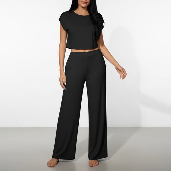 2 Piece Sets for Women Casual Summer Travel Vacation Outfits Short Sleeve Cropped Tops and Wide Leg Pants Black XS