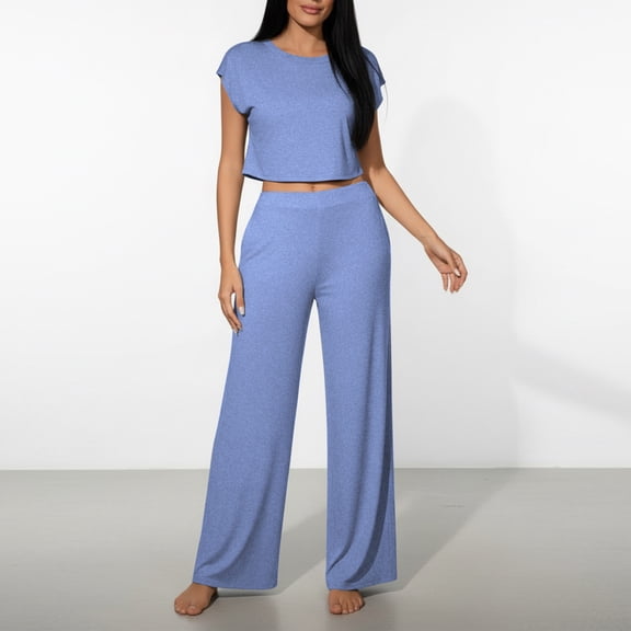 2 Piece Sets for Women Casual Summer Travel Vacation Outfits Short Sleeve Cropped Tops and Wide Leg Pants Blue L