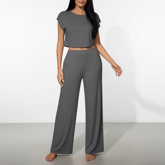 2 Piece Sets for Women Casual Summer Travel Vacation Outfits Short Sleeve Cropped Tops and Wide Leg Pants Dark Gray XS