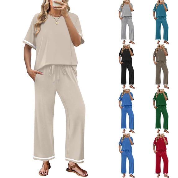 2 Piece Sets for Women Casual Summer Travel Vacation Outfits Short Sleeve Lounge Set Light Gray M