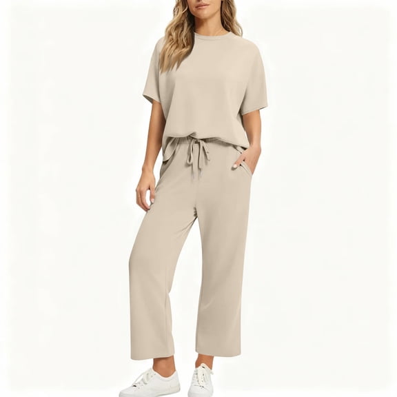 2 Piece Sets for Women Casual Summer Travel Vacation Outfits Short Sleeve Wide Leg Crop Pants Lounge Sets Beige 2XL