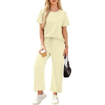 2 Piece Sets for Women Casual Summer Travel Vacation Outfits Short Sleeve Wide Leg Crop Pants Lounge Sets Beige XXL