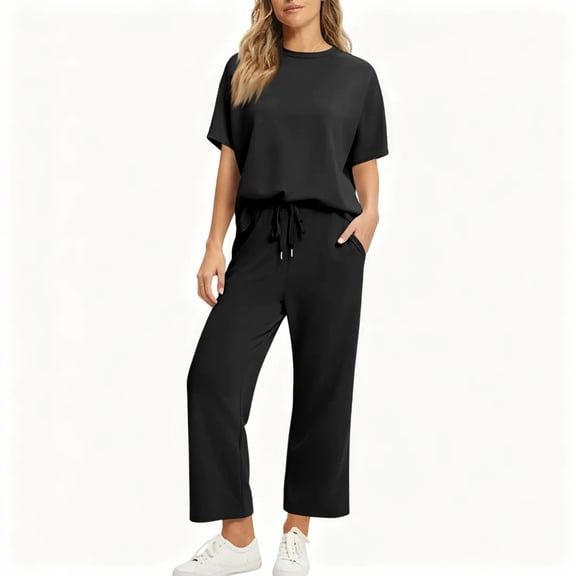 2 Piece Sets for Women Casual Summer Travel Vacation Outfits Short Sleeve Wide Leg Crop Pants Lounge Sets Black M