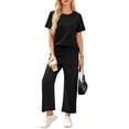 thumbnail image 1 of Two Piece Sets for Women Casual Travel Vacation Outfits Summer Short Sleeve Tops Wide Leg Crop Pants Lounge Sets Black XL, 1 of 2