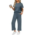 thumbnail image 1 of 2 Piece Sets for Women Casual Summer Travel Vacation Outfits Short Sleeve Wide Leg Crop Pants Lounge Sets Blue XL, 1 of 6