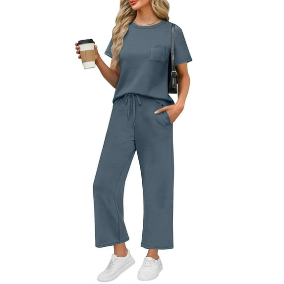 2 Piece Sets for Women Casual Summer Travel Vacation Outfits Short Sleeve Wide Leg Crop Pants Lounge Sets Blue XXL