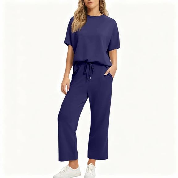 2 Piece Sets for Women Casual Summer Travel Vacation Outfits Short Sleeve Wide Leg Crop Pants Lounge Sets Dark Blue M