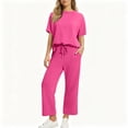 thumbnail image 1 of 2 Piece Sets for Women Casual Summer Travel Vacation Outfits Short Sleeve Wide Leg Crop Pants Lounge Sets Hot Pink S, 1 of 3