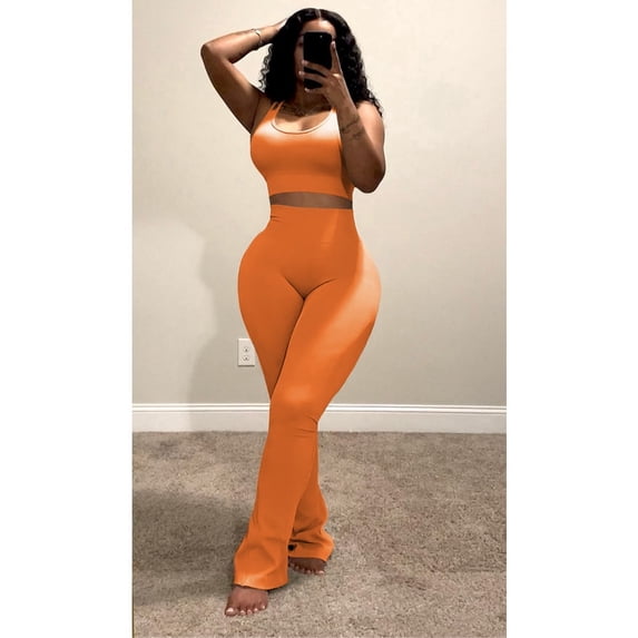 2 Piece Sets for Women Casual Sweatsuits Sleeveless Tank Top Matching Flare-Leg Pants Outfit Sets Orange S