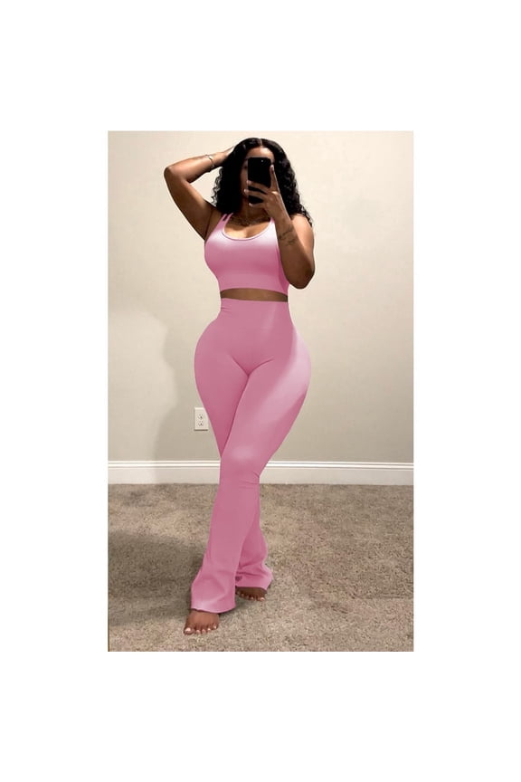 2 Piece Sets for Women Casual Sweatsuits Sleeveless Tank Top Matching Flare-Leg Pants Outfit Sets Pink S