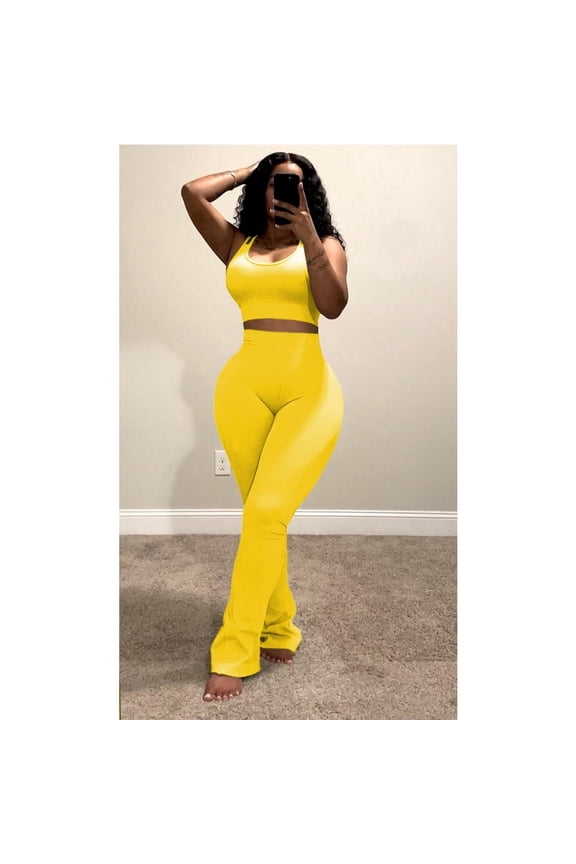 2 Piece Sets for Women Casual Sweatsuits Sleeveless Tank Top Matching Flare-Leg Pants Outfit Sets Yellow M