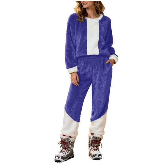 2 Piece Sets for Women Color Block Crewneck Tops Long Pants Shrepa Lounge Sets Fall Winter Track Suits with Pockets Blue S