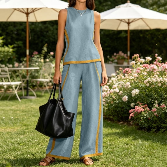 2 Piece Sets for Women Color Block Linen Lounge Sets Sleeveless Top ...