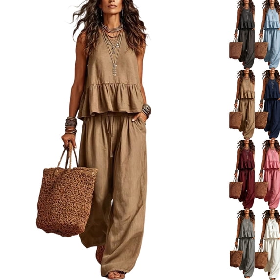 2 Piece Sets for Women Cotton Linen Outfits Sleeveless Peplum Top Drawstring Wide Leg Pants Casual Summer Beach Loungewear Brown L