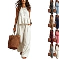 thumbnail image 1 of 2 Piece Sets for Women Cotton Linen Outfits Sleeveless Peplum Top Drawstring Wide Leg Pants Casual Summer Beach Loungewear White M, 1 of 3
