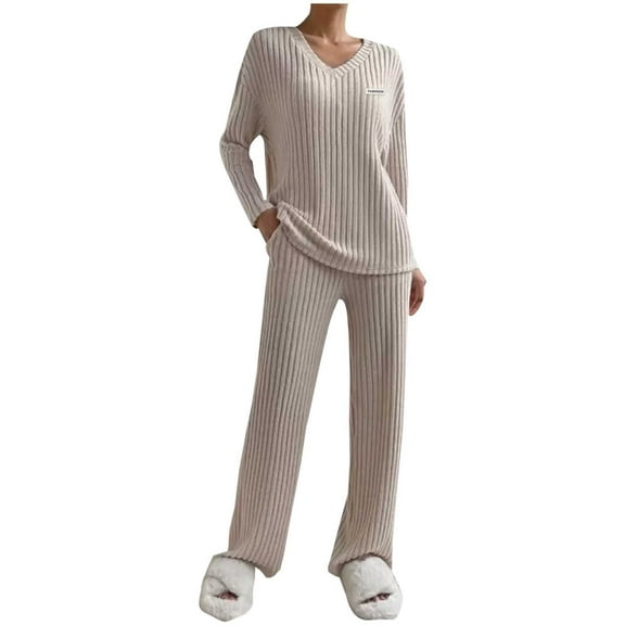 2 Piece Sets for Women Fall 2025 Ribbed Knit Soft Comfy Casual Long Sleeve Lounge Set Postpartum Outfits Clothing (XL, Beige)
