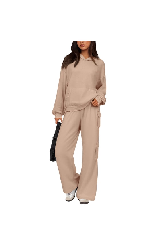 2 Piece Sets for Women Fall 2025 Sweatsuits Outfits Lounge Matching Hoodie Cargo Pants Set Travel Track Suits Winter Clothes Khaki XXL