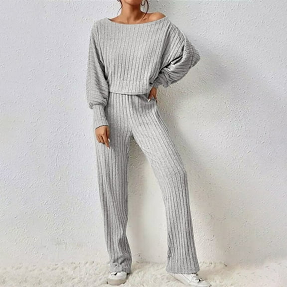 2 Piece Sets for Women Fall Knit Sets Casual Long Sleeve V Neck Top Wide Leg Pants Fall Winter Ribbed Lounge Outfit