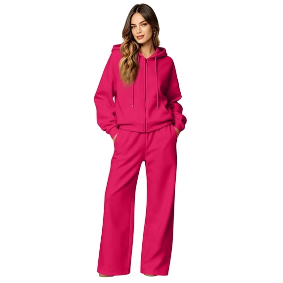 2 Piece Sets for Women Fall Lightweight Wide Leg Sweatpants Matching Long Sleeve Zip Up Hoodies Solid Soft Travel Tracksuits with Pockets Hot Pink XL