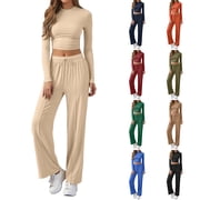 2 Piece Sets for Women Fall Matching Lounge Set Long Sleeve Slightly Crop Top Wide Leg Pants Casual Sweatsuit