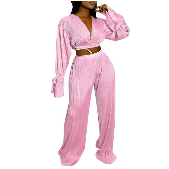 2 Piece Sets for Women Fall Plus Size Casual V-Neck Bandage Long Sleeve Wrinkled Long Pant Set