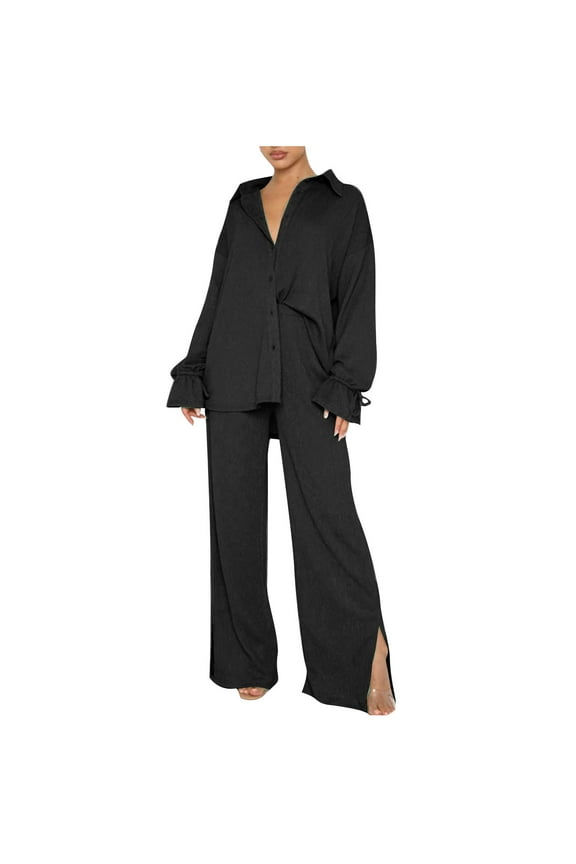2 Piece Sets for Women Fall Plus Size Spring And Summer Long-Sleeved Loose Pleated Wide-Leg Pants Two-Piece Casual Suit